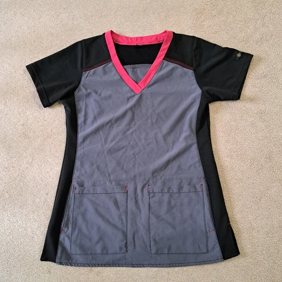 Carhartt Force Scrubs Top Women's Small V-neck Black Grey Pink Short Sleeve - Picture 13 of 13